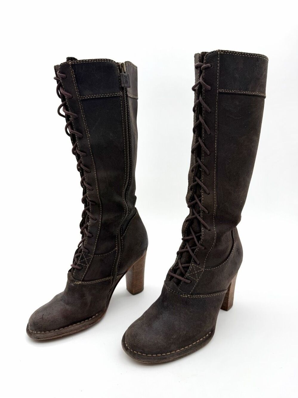 FRYE Villager Lace Up Boots Size 5.5 Leather Heeled Knee High Brown Leather